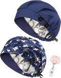 2 Pack Satin Lined Bouffant Scrub Caps with Buttons, Adjustable Scrub Caps for Women Men