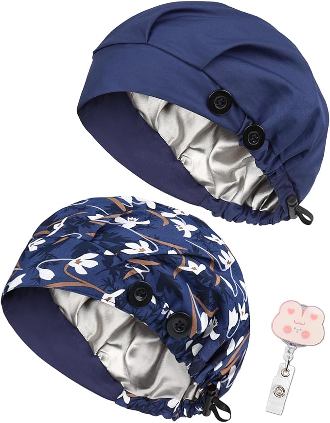 2 Pack Satin Lined Bouffant Scrub Caps with Buttons, Adjustable Scrub Caps for Women Men