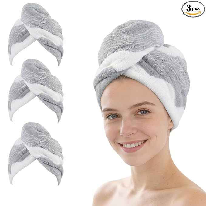 SINLAND Microfiber Hair Drying Cap Hair Towel Turban Twist for Women Fast Drying Towels Head Turban Absorbent Soft Lightweight Black 3 Pack