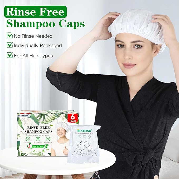 Shampoo Caps No Rinse, 6 Pack Waterless Shampoo Caps for Bedridden Patients and Elderly, Rinse Free Hair Washing Shower Caps for Post Surgery, Hospital, Camping