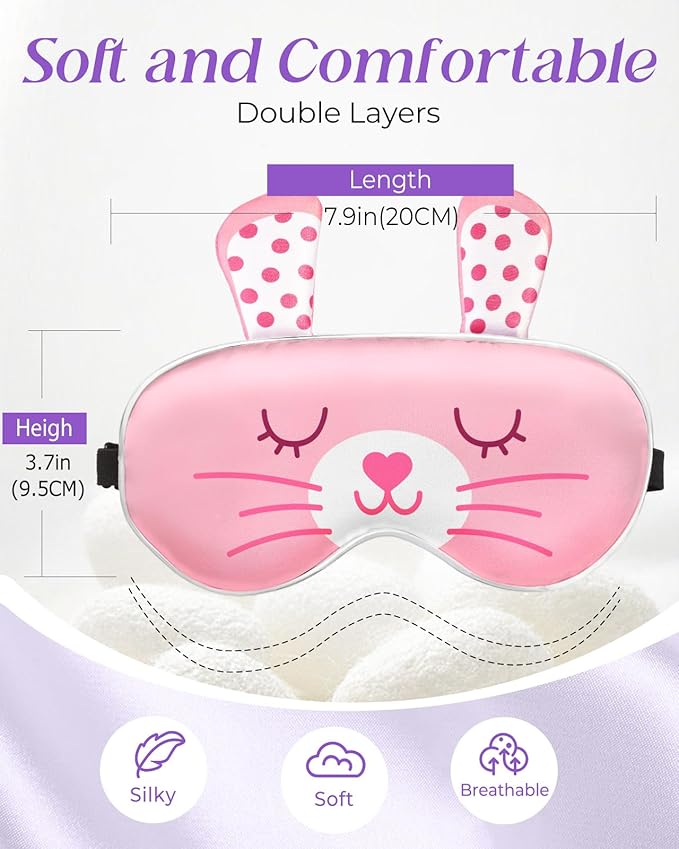 Miss Adola Sleep Mask for Kids - Valentines Gift for Kids Cute Silk Eye Cover for Sleeping Soft Kawaii Eyeshade Animal Eye Blindfold with Adjustable Strap for Girls Teens, Rabbit