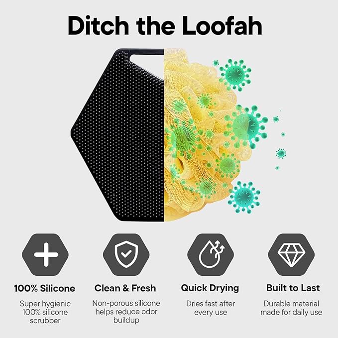 TOOLETRIES Body Scrubber 2.0 – Premium Silicone Shower Scrubber for Skin Exfoliation, Ergonomic Handle with Lather-Boosting Bristles, Quick Drying and Long-Lasting - Charcoal