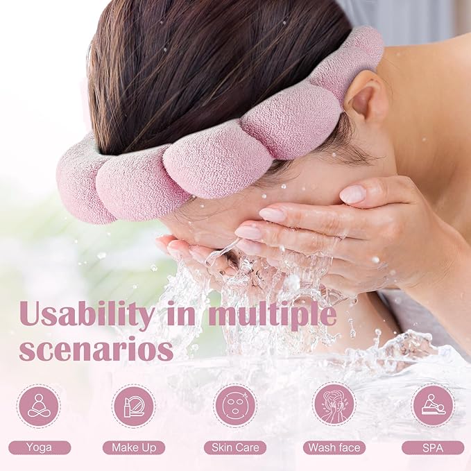 Ztomine Headband, Set of 2 - Terry Cloth Spa Headbands for Washing Face or Facial, Puffy Makeup Headbands for Face Washing, Mask - 1 Beige + 1 Pink
