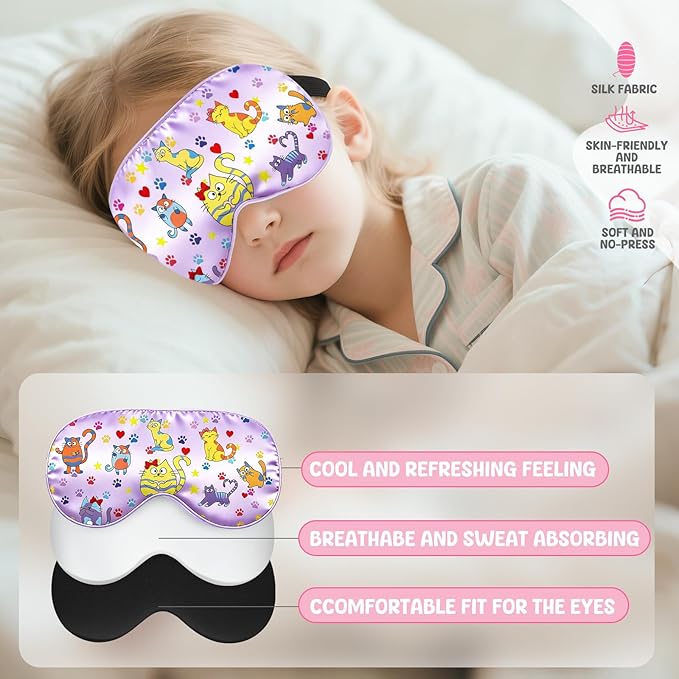 2 Pcs Sleep Mask for Kids Girls, Silk Eye Covers for Sleeping, Adjustable Strap & Light Blocking Design, Children's Bedtime Blindfold for Travel and Home Use with Gift Box (Rainbow Unicorn)
