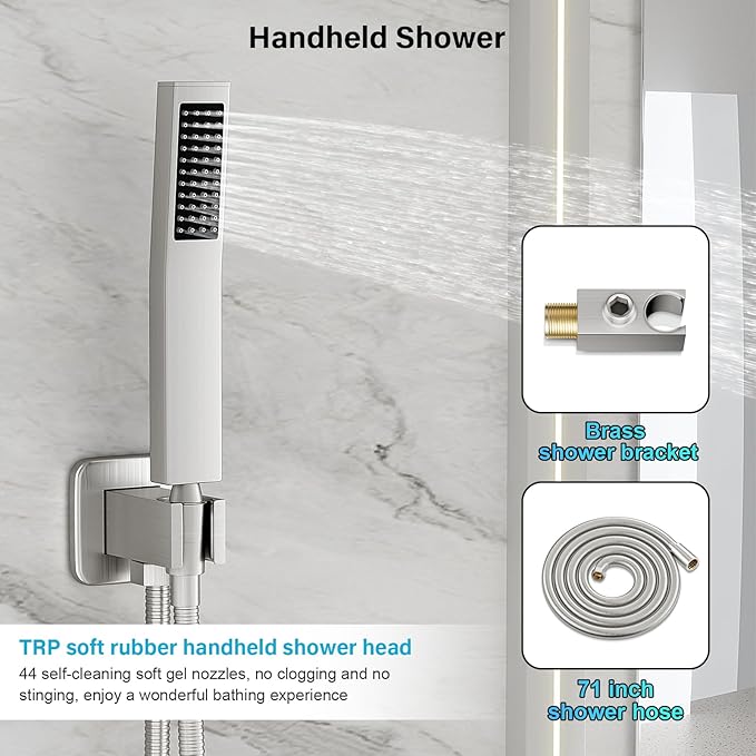 FPXRNG Shower Faucet Set Bathroom Square Rain Shower Head and Handle Set, Wall Mounted Shower Fixtures, Full Metal Trim Repair Kit 10 inch Brushed Nickel (With Shower Valve)