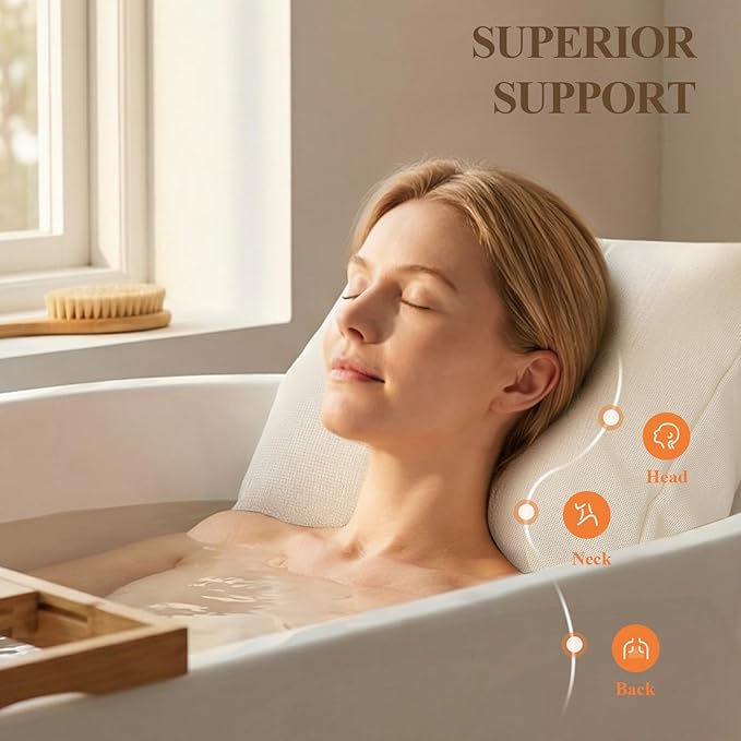 Luxury Bathtub Pillow,Gift for Mother's Day,Head,Neck & Back Support,Quick-Drying 5D Mesh Core,Adjustable Thickness Fits Any Bathtubs,Easy to Maintain,Beige