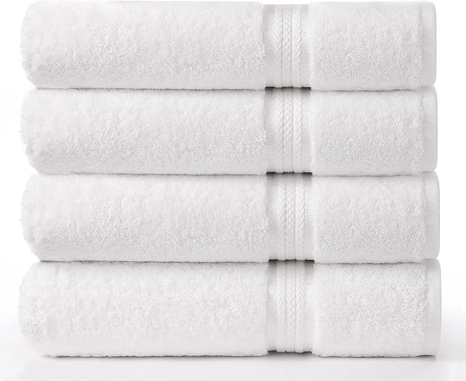Cotton Craft Ultra Soft 4 Pack Oversized Extra Large Bath Towels 30x54 White Weighs 22 Ounces - 100% Pure Ringspun Cotton - Luxurious Rayon Trim - Ideal for Everyday use - Easy Care Machine wash