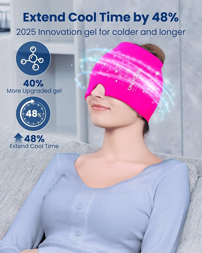 Upgraded Migraine Relief Cap, ONLYCARE Headache Relief Cap, Soothing Migraine Mask, Odorless Gel Ice Head Wrap, Hot & Cold Therapy, Reusable Ice Pack for Tension and Stress Rose Red