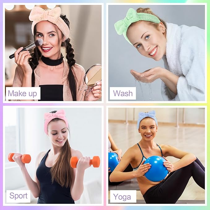 WILLBOND 48 Pieces Spa Headband Bulk Skincare Headbands Face Wash Makeup Hairband Bow Facial Washing Face Head Wraps Adjustable Soft Flannel Towel for Women Shower (Pastel)