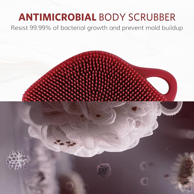 Sndyi Silicone Body Scrubber, Gentle Exfoliating Body Scrubber for Sensitive Skin, Leaf Shaped Shower Scrubber for Body with Lathering Bristles, Silicone Loofah Body Brush for Showering, Red