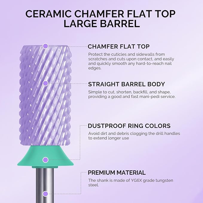 MelodySusie Ceramic Nail Drill Bits, 3/32'' Chamfer Flat Top Large Barrel Bits, Fast Remove Acrylic or Hard Gel, Nail Tool for Manicure Pedicure, Salon Home, Professional or Beginner, Purple, Coarse