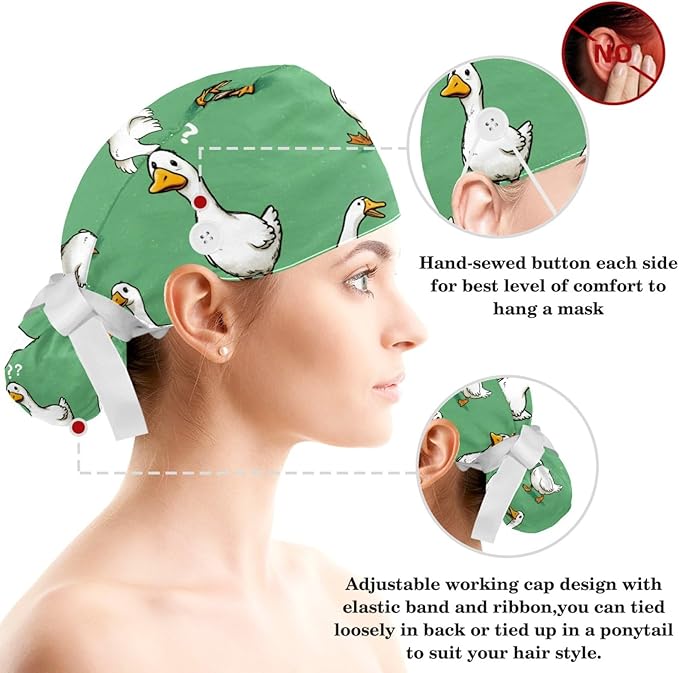 Scrub Caps Women Ponytail Cute Pink and White Leaves Caps Bouffant Working Hat Elastic Tie Back Hats with Button
