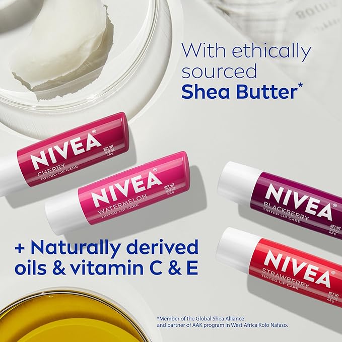 NIVEA Lip Care, Fruity Tinted Lip Balm Variety Pack, Cherry, Strawberry, Blackberry and Watermelon Flavors, 3-in-1 Moisture, Repair and Color, 0.17 Oz Stick, (Pack of 48)