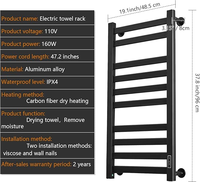 Verida Towel Warmer Rack, Heated Towel Rack for Bathroom, Wall-Mounted Plug (Not Hardwired), Aluminum Alloy, with Timer and Temperature Adjustment, Overheat Protection Function(Large Black)