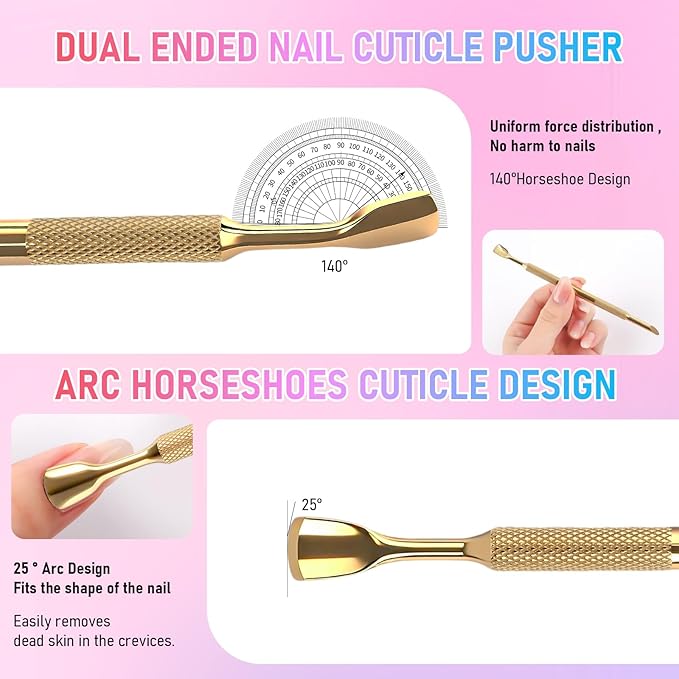 Pre-Treatment Cuticle Pusher, Dual Ended Cuticle Remover Russian Prep Nail Pushers with 100/180 Grit Sandpaper Sheets, Nail Care for Manicure Pedicure Nail Art and Foot Salon Home (Gold)