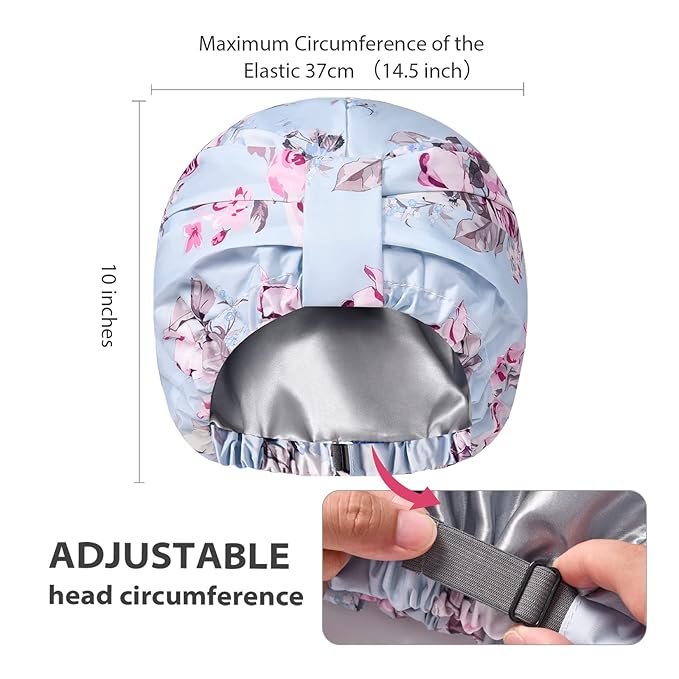 INNELO Luxury Shower Cap for Women Reusable Waterproof, Double Layered Shower Hair Cap with Adjustable Elastic Strap, Large Satin Lined Shower Bath Cap for Long Curly Straight Hair, Blue-Flower