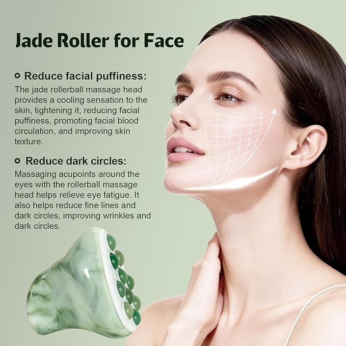 Jade Roller for Face, Gua Sha Facial Tool, Ice Eye Massager for Puffy Eyes & Dark Circles, Cold Skin Care Face Roller, Lymphatic Drainage Stone Massager, Neck Chin Jaw Line Lifting (Green)