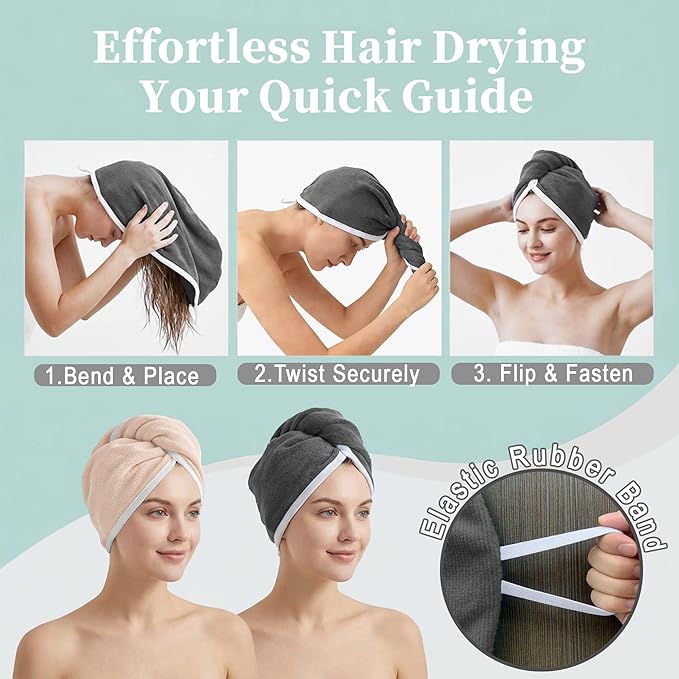 VOOVA & MOVAS Gray & Pink Microfiber Hair Towel Wrap for Women 2-Pack, Super Absorbent Quick Dry Hair Towels for Wet Hair After Shower, Soft Lightweight Hair Wraps