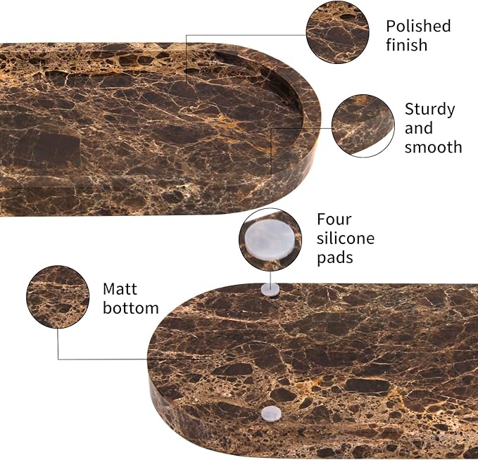 Natural Marble Tray Oval, Bathroom Vanity Tray for Countertop, Elegant Stone Decorative Organizer for Perfume, Jewelry, Home Decor (1, Dark Brown, 10 x 5 x 0.6)
