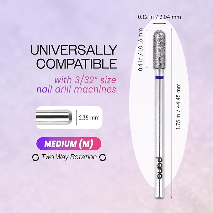 PANA 3/32" Diamond Carbide Safety Bit- Style 08, Medium Grit - Professional Cuticle Nail Drill Bits for Acrylic Gel Nails Dry Manicure Pedicure Shape Remove Tools