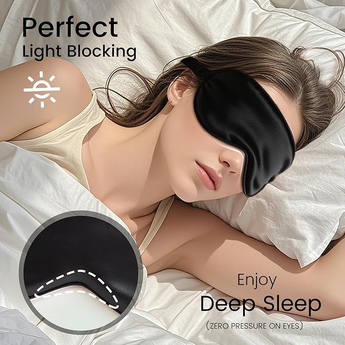 100% Pure Mulberry Silk Eye Mask - 22 Momme Adjustable Strap, Light Blocking, Silk Storage Bag & Gift Box - for Sleep/Travel/Gift, Sensitive Skin Friendly (Black)