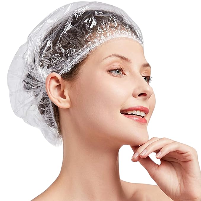 OMWAH 100 PCS Disposable Shower Caps Large Clear Waterproof Processing Conditioning Plastics Elastic Shower Cap For Kids, Girls, Travel, Spa, Hotel, and Home Use (100 PCS)
