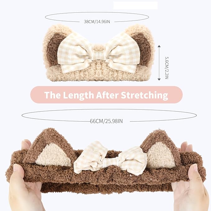 PERFECTSIGHT Kawaii Headband for Spa, Makeup, Washing Face, Party - 2 Pack Cute Cat Ear Hair Band for Shower Beauty Skincare, Soft Facial Headbands for Girls and Women (Beige+Coffee Bow)