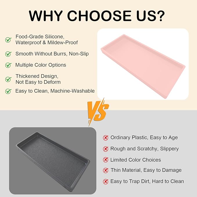 Bathroom Vanity Tray, 7.8 x 3.9 Inch Silicone Bathroom Tray Countertop, Non-Slip Decorative Tray for Bathroom, Kitchen, Toilet to Organize Perfume, Jewelry, Soap, Waterproof, Pink