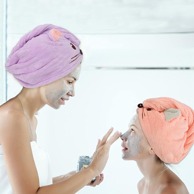 Whaline 2 Pack Parent-Child Quick Dry Hair Towel Cute Mouse Hair Towel Wrap Purple Pink Cotton Hair Turban Towels Super Absorbent Hair Drying Towel for Women Parent Kids Curly Long Thick Hair