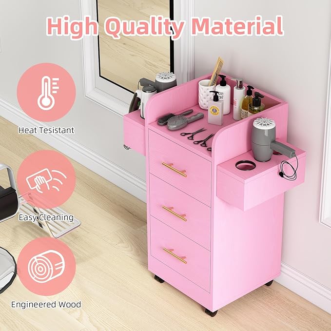 4ever2buy Rolling Salon Station for Hair Stylist, Salon Trolley Cart with with Wheels, Hair Stylist Beauty Barber Station, 6 Hair Dryer Holders & 3 Drawers, Pink and Gold