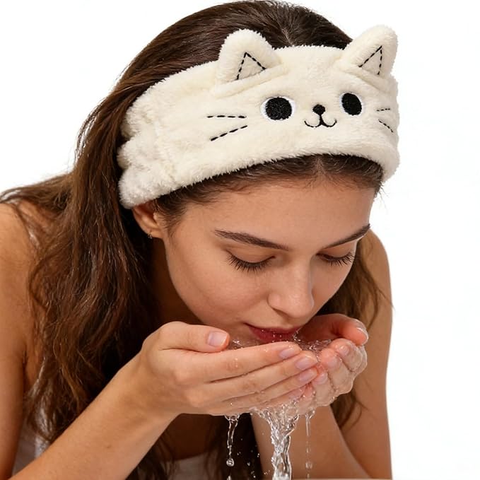 2 PCS Cute Cat Ear Spa Headband For Washing Face, Skincare Makeup Headbands For Women, Soft Coral Fleece Hair Accessories (Beige+ Pink)