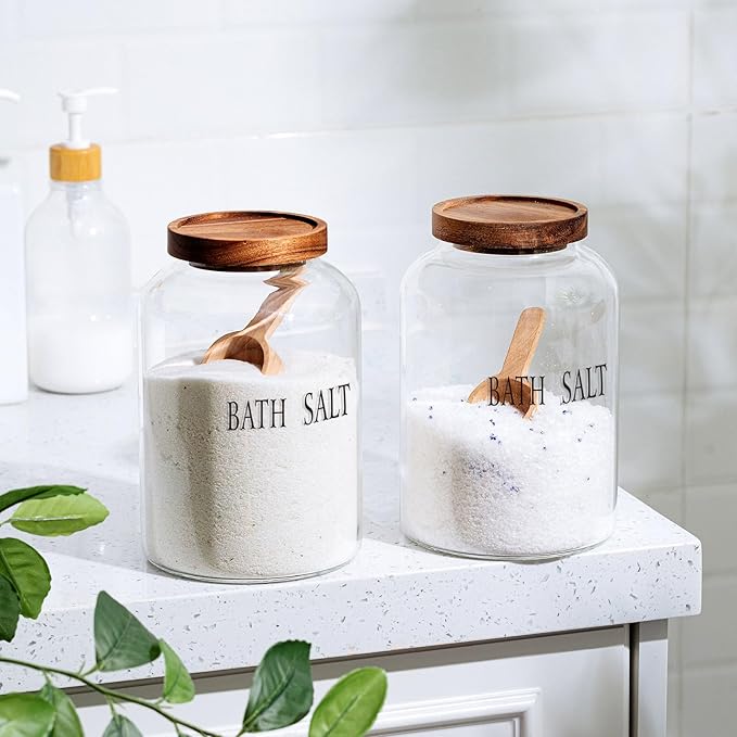 SiliFine 1 Sets 74 oz Large Bath Salt Container with Wooden Scoop for Glass Bath Salt Jar with Airtight Lid Storage Canister for Food, Flour, Sugar, Cookie, Kitchen