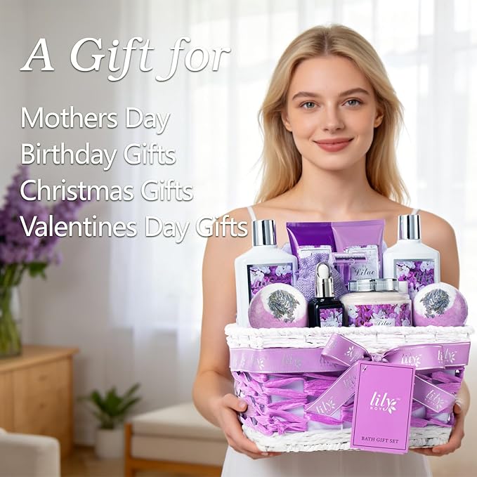 Mothers Day Gifts for Mom, Gifts for Women, Spa Gift Basket for Women, 17-Piece Lavender Lilac Bath and Body Gift Set, Pampering Bath Set | Spa Kit, Gift for Valentines Day, Birthday, Christmas