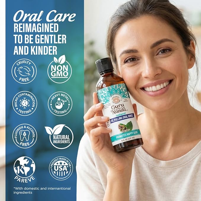 GuruNanda CocoMint Oil Pulling Mouthwash for Complete Oral Hygiene, 7 Essential Oils & Vitamins for Happy Teeth & Gums & Fresh Breath, with Toothbrush & Tongue Scraper, Alcohol-Free, 8 oz