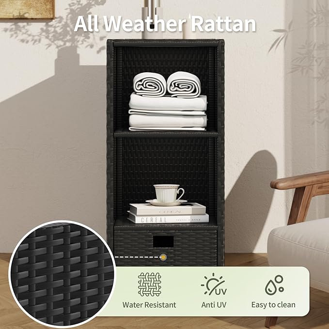 Rattan Outdoor Pool Towel Rack Cabinet, Wicker Pool Storage Bins Storage Organizer, 2 Layer Shelf Hot Tub Spa Accessories, 45in, Black