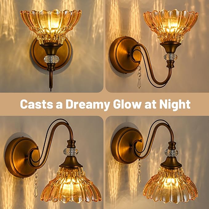 1 Piece Vintage Wall Sconce, 1-Light Matte Antique Brass Finish Wall Sconce with Hanging Crystal Accents and Flower-Shaped Amber Shades for Bathroom Bedroom Living Room,Vintage Vanity Light