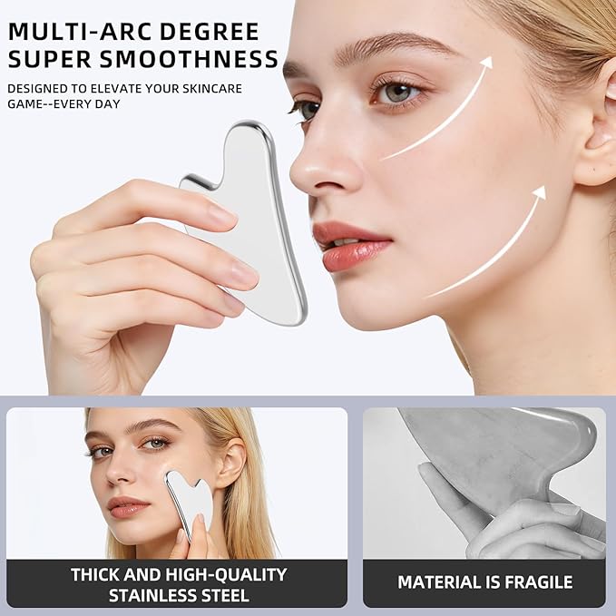Stainless Steel Gua Sha Facial Tool – Metal Guasha for Face & Body, Jawline Sculpting, Double Chin Reducer, Puffiness Relief, Lymphatic Drainage Massager, Skincare Tool with Travel Pouch