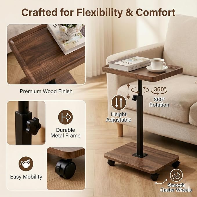 C Table End Table Adjustable Height,C Shaped End for Couch，Snack Tables,360°Swivel TV Tray Sofa Table,Tables that Slide Under,Coffee SideTable for Bed,Chair,Bath-tub,Outdoor(Walnut Color)