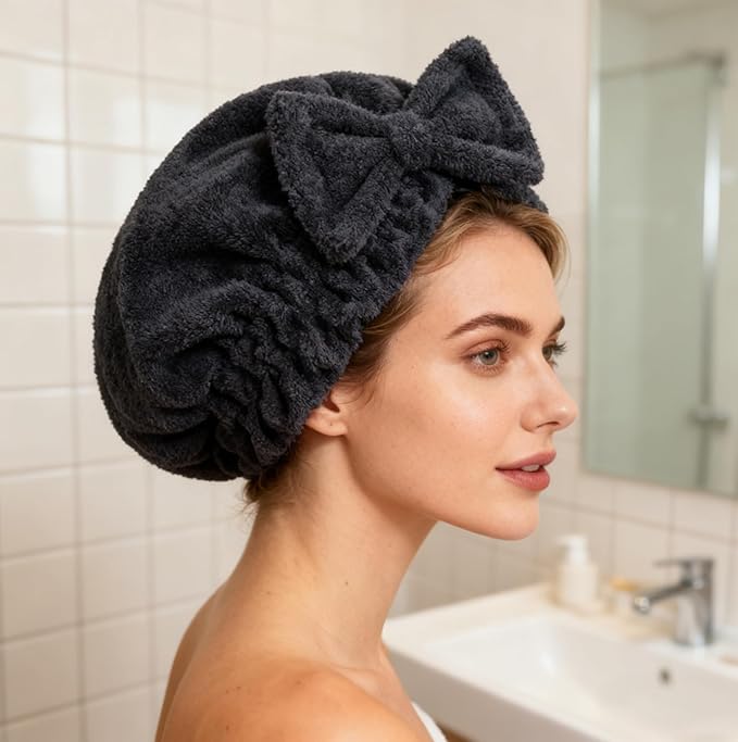 HOPESHINE Microfiber Hair Towel Cap for Women Wet Short or Long Curly Hair Super Absorbent Quick Dry Turbans Anti Frizz Great Gift for Women and Girls Black 2-Pack