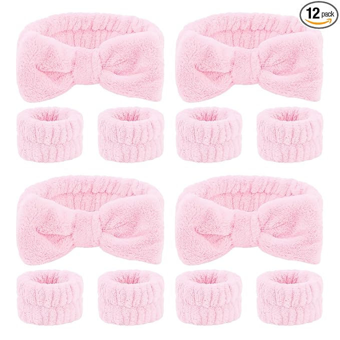 CIEHER 12 PCS Pink Makeup Headband for Women Wrist Washband Scrunchies Cuffs for Washing Face, Soft Bow Hair Band Matching Wristbands, Spa Headband Coral Fleece