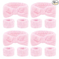 CIEHER 12 PCS Pink Makeup Headband for Women Wrist Washband Scrunchies Cuffs for Washing Face, Soft Bow Hair Band Matching Wristbands, Spa Headband Coral Fleece