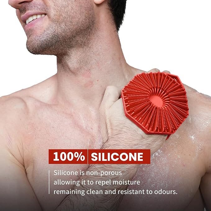 iTokGoK® Silver-Infused 2-in-1 Silicone Body Scrubber, Double-Sided Design Body Brush Silicone Body Scrubber Exfoliating Body Brushes for All Skin for Showering, Lathers Well- Red