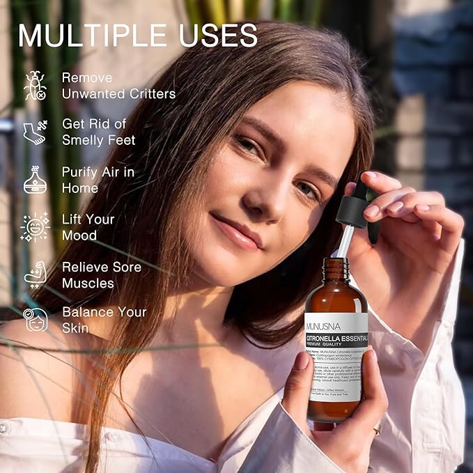Citronella Essential Oil 100ML, 100% Pure Natural Citronella Oil Premium Grade Aromatherapy Oil for Skin Hair Care, Homemade Sprays, Diffuser, Air Freshening, Massage, Candle and Soap Making