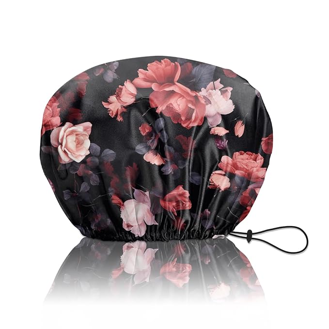 Shower Cap Reusable Double Layer Adjustable Elastic Waterproof EVA Hair Bath Caps for Women Girls Cute Aesthetic-Rose