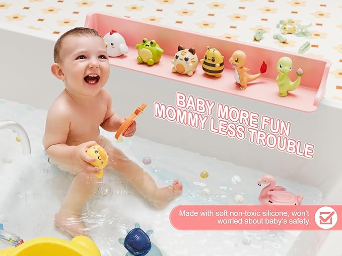 Cushore 3-Ft Bathtub Splash Guard PlayPad with Strong Suction Cups, Toy Tray Caddy Holder Storage, No-Leak, Mess-Free Bath Time for Kids, Pink