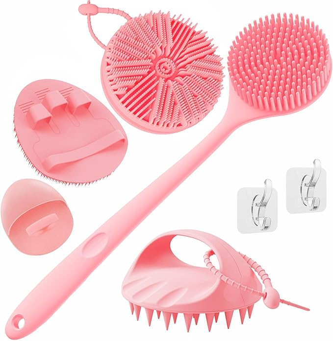 Manmihealth Silicone Back Scrubber & Soft Bath Glove, Silicone Scalp Massager Set 5 PCS, Super-Exfoliating Body Scrubber Shower Brush & Shampoo Brush Combination, with 2 Free Hooks (Style 2 Pink)