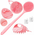 Manmihealth Silicone Back Scrubber & Soft Bath Glove, Silicone Scalp Massager Set 5 PCS, Super-Exfoliating Body Scrubber Shower Brush & Shampoo Brush Combination, with 2 Free Hooks (Style 2 Pink)