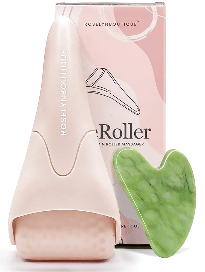 ROSELYNBOUTIQUE Ice Roller for Face & Gua Sha Facial Tools - Wrinkles Fine Lines Puffiness Massager Facial Skin Care Tools - Self Care Gifts for Men Women (Beige)