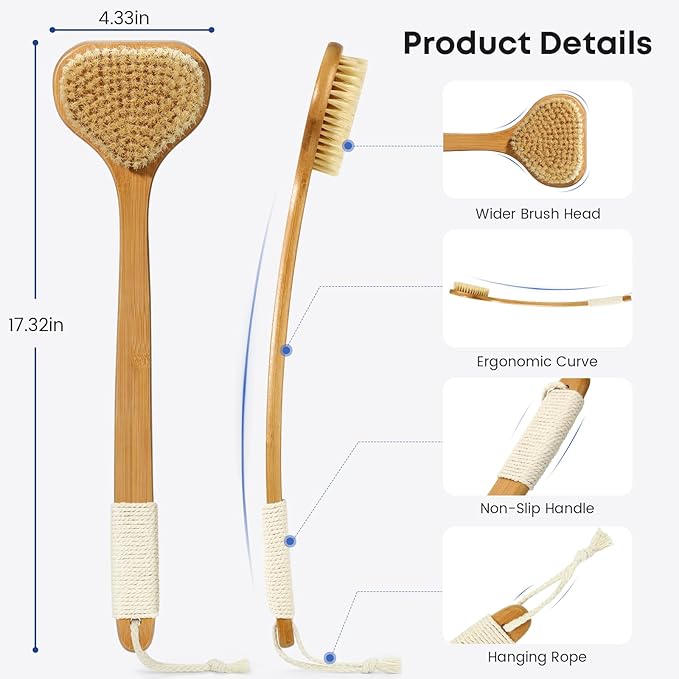 eaxun Bamboo Back Scrubber with Curved Long Handle, 17.3 Inches Exfoliating Shower Brush with Stiff Bristles for Men and Women, Back Washer Body Exfoliator for Bath or Dry Brushing
