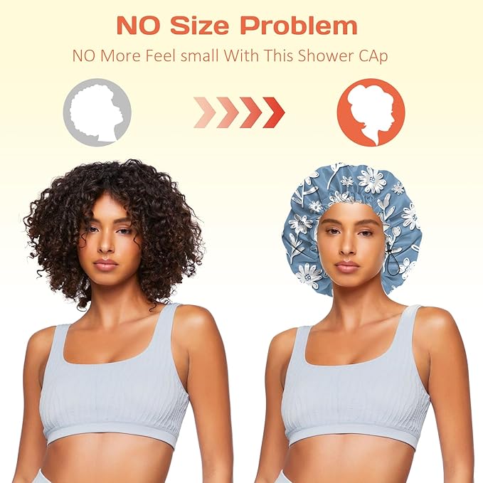 Shower Cap Reusable Double Layer Adjustable Elastic Waterproof EVA Hair Bath Caps for Women Girls Cute Aesthetic-White Flower